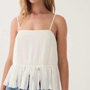 Aje ARRIS FRINGED TOP White Textured Smocked Cami with Chiffon Ruffle Hem